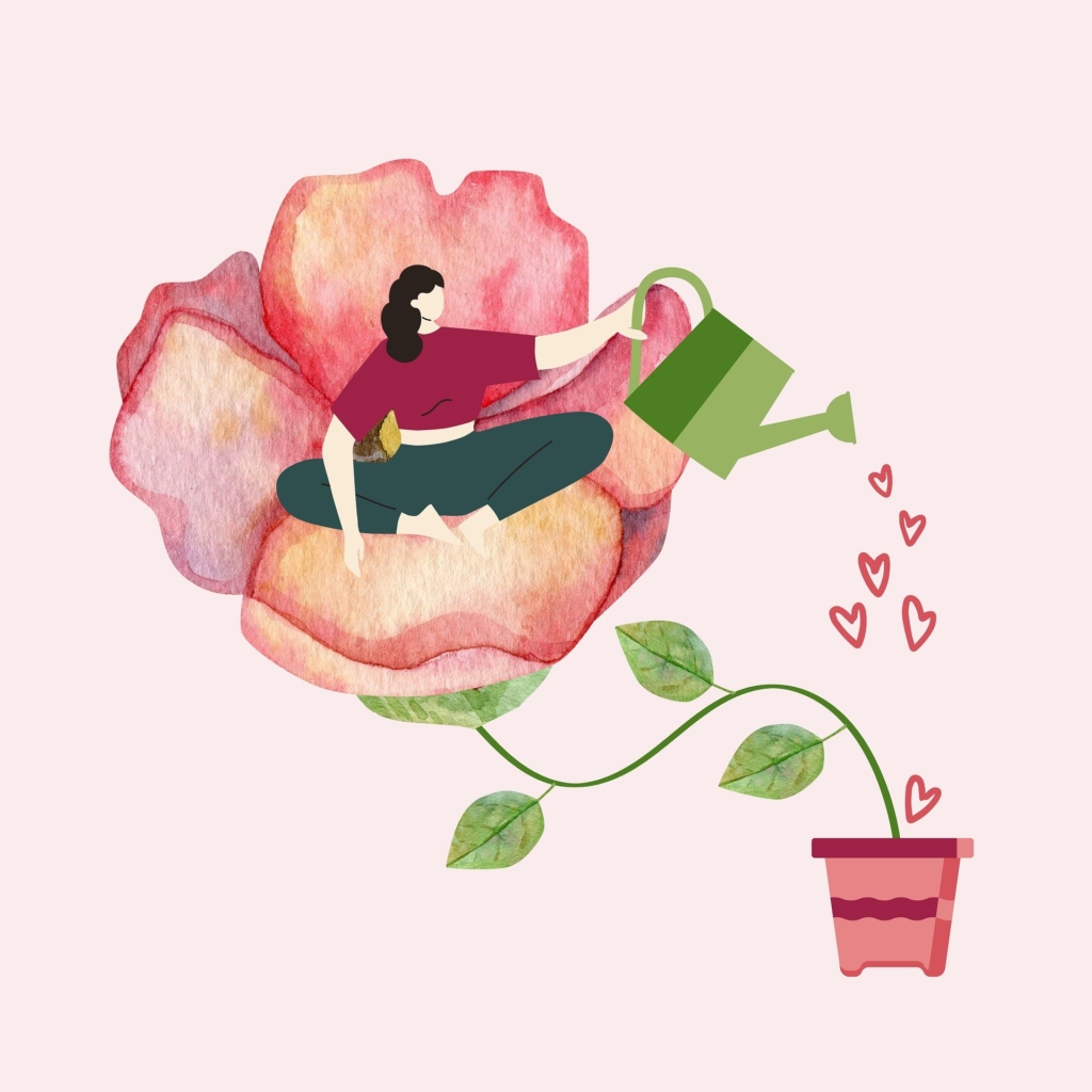 Illustration of person watering a plant and themselves growing