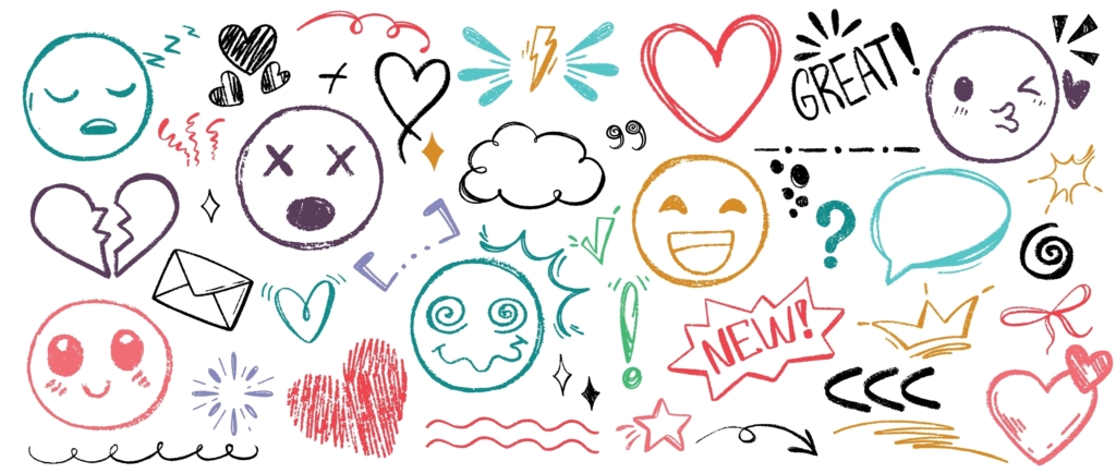 illustrations of different faces, hearts etc